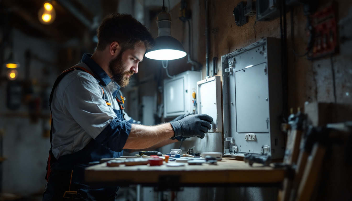 A photograph of a lighting contractor in action