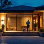 A photograph of a well-lit exterior space showcasing various styles of motion lights in action