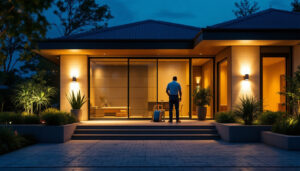 A photograph of a well-lit exterior space showcasing various styles of motion lights in action