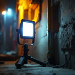 A photograph of a portable light in use at a dimly lit outdoor installation site