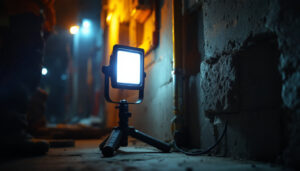 A photograph of a portable light in use at a dimly lit outdoor installation site