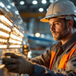 A photograph of capture a photograph of a lighting contractor installing lumenigh wing lights on an aircraft