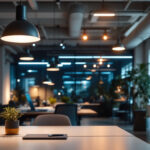 A photograph of a modern office space featuring a variety of innovative lighting options