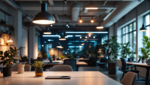 A photograph of a modern office space featuring a variety of innovative lighting options