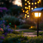 A photograph of a well-lit outdoor scene featuring a solar lamp illuminating a beautifully landscaped garden or patio