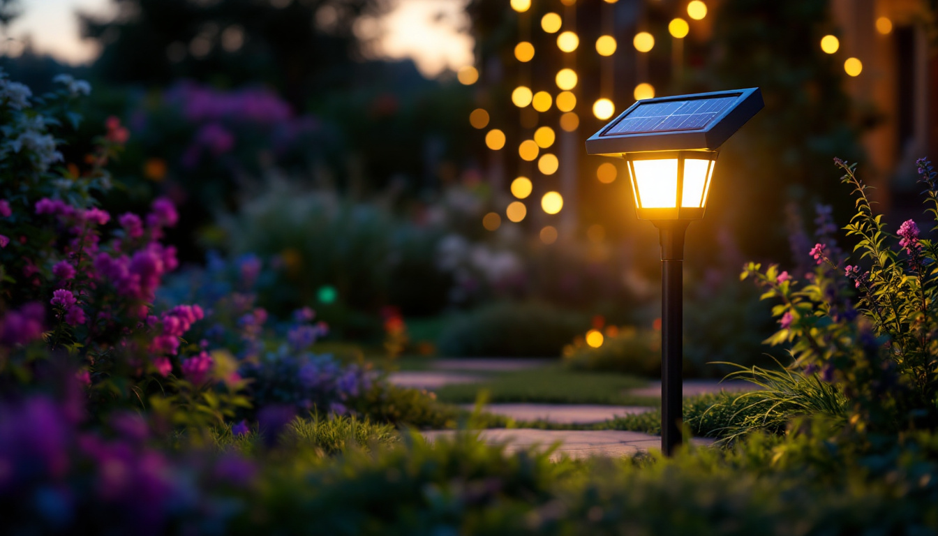 A photograph of a well-lit outdoor scene featuring a solar lamp illuminating a beautifully landscaped garden or patio