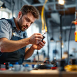A photograph of a lighting contractor skillfully organizing and testing various electrical cords and connectors in a well-lit workspace