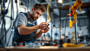 A photograph of a lighting contractor skillfully organizing and testing various electrical cords and connectors in a well-lit workspace