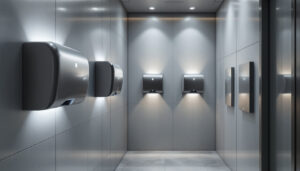 A photograph of a modern restroom featuring sleek hand dryers with integrated lighting