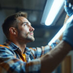 A photograph of a lighting contractor expertly installing or adjusting a fluorescent light fixture in a commercial or residential setting