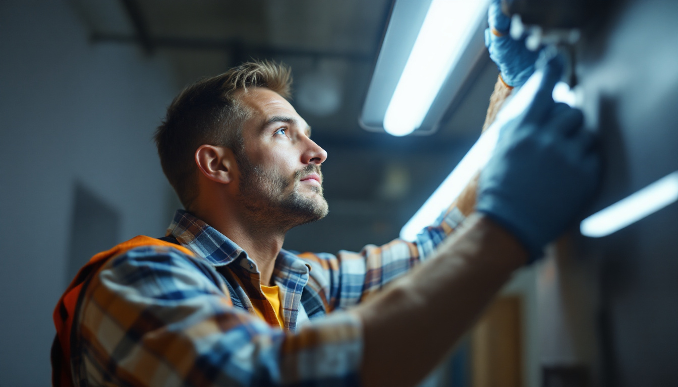 A photograph of a lighting contractor expertly installing or adjusting a fluorescent light fixture in a commercial or residential setting