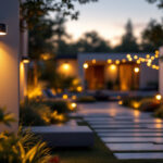 A photograph of a beautifully designed outdoor space at dusk