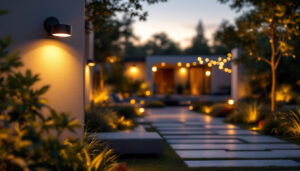 A photograph of a beautifully designed outdoor space at dusk