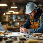 A photograph of a lighting contractor examining energy-efficient led fixtures in a well-lit workspace