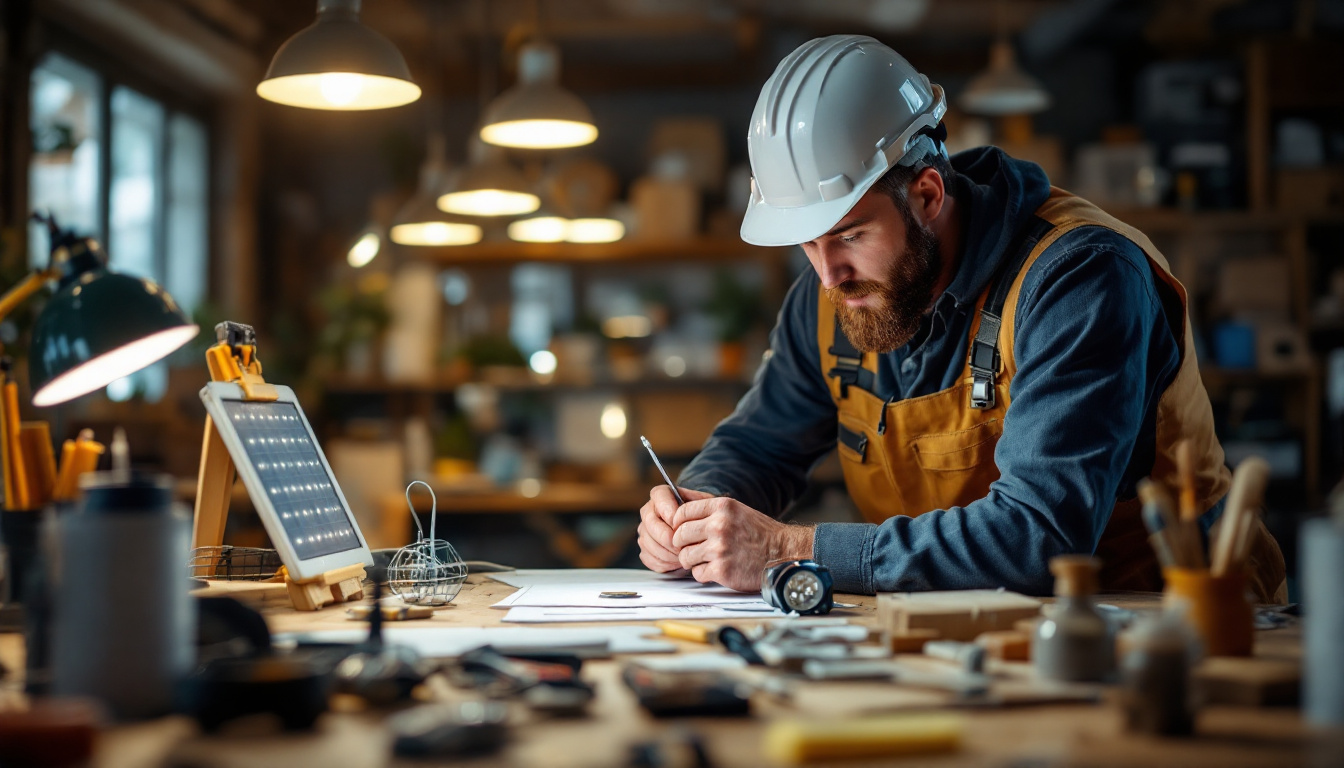 A photograph of a lighting contractor examining energy-efficient led fixtures in a well-lit workspace