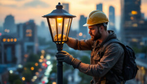 A photograph of a skilled lighting contractor installing or adjusting a stylish lamp post in an urban setting