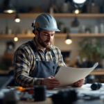 A photograph of a lighting contractor in action
