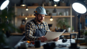 A photograph of a lighting contractor in action