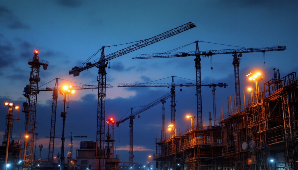 A photograph of a construction site at dusk