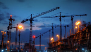 A photograph of a construction site at dusk