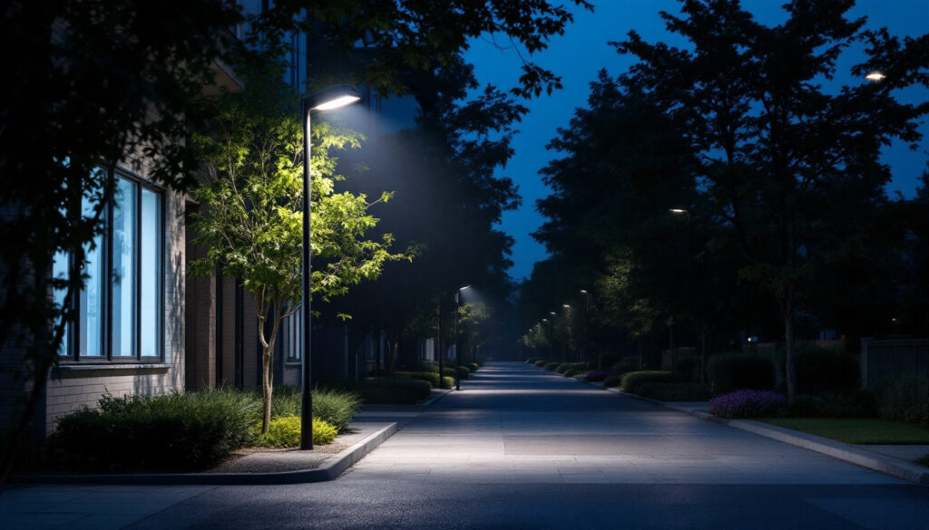 A photograph of a well-lit outdoor light pole installation in a commercial or residential setting