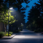 A photograph of a well-lit outdoor light pole installation in a commercial or residential setting