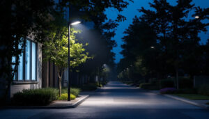 A photograph of a well-lit outdoor light pole installation in a commercial or residential setting
