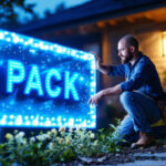 A photograph of a lighting contractor installing a 2 pack solar light sign in an outdoor setting