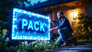 A photograph of a lighting contractor installing a 2 pack solar light sign in an outdoor setting