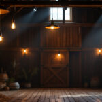 A photograph of a beautifully lit barn interior showcasing various barn light fixtures in use