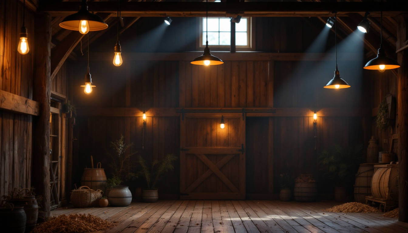 A photograph of a beautifully lit barn interior showcasing various barn light fixtures in use