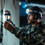 A photograph of a skilled electrician or lighting technician using the light head tool in a well-lit installation environment