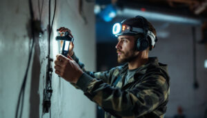 A photograph of a skilled electrician or lighting technician using the light head tool in a well-lit installation environment