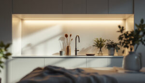 A photograph of a beautifully designed cabinet with integrated lighting