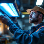 A photograph of a lighting contractor examining a uv light fixture in a well-lit workshop