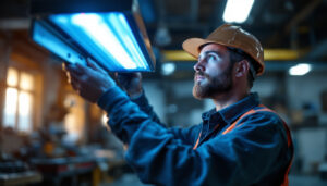 A photograph of a lighting contractor examining a uv light fixture in a well-lit workshop