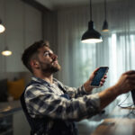 A photograph of a skilled lighting contractor expertly installing or adjusting various types of light fixtures in a modern residential or commercial space