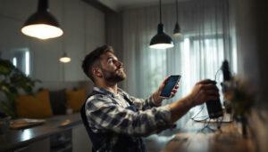 A photograph of a skilled lighting contractor expertly installing or adjusting various types of light fixtures in a modern residential or commercial space