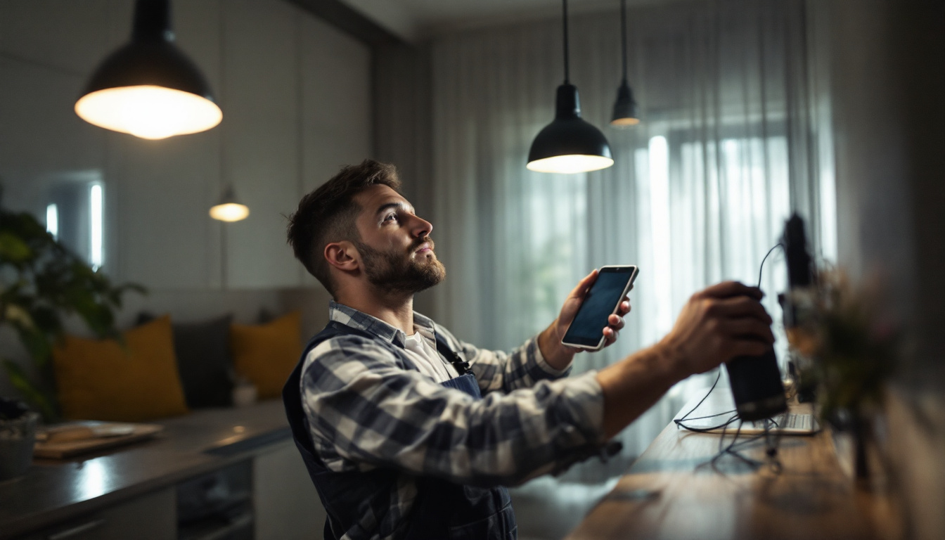 A photograph of a skilled lighting contractor expertly installing or adjusting various types of light fixtures in a modern residential or commercial space