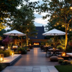 A photograph of a beautifully illuminated outdoor space showcasing a variety of stylish lighting fixtures