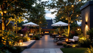 A photograph of a beautifully illuminated outdoor space showcasing a variety of stylish lighting fixtures