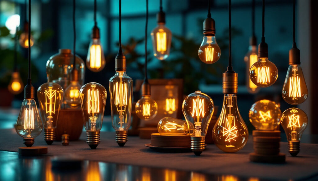 A photograph of a stylishly arranged display of various decorative light bulbs