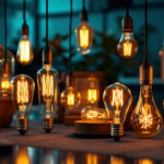 A photograph of a stylishly arranged display of various decorative light bulbs