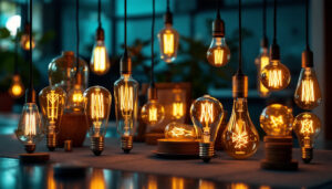 A photograph of a stylishly arranged display of various decorative light bulbs