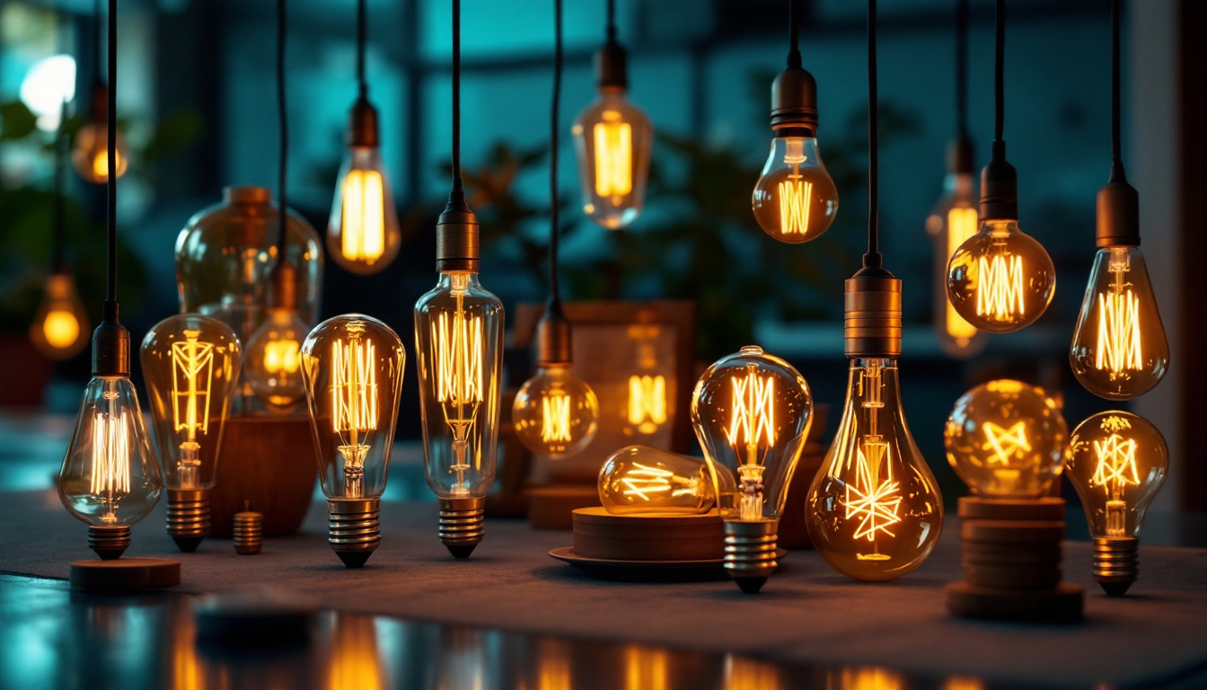 A photograph of a stylishly arranged display of various decorative light bulbs