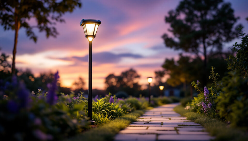 A photograph of capture a photograph of a beautifully designed outdoor solar lamp post illuminating a garden pathway at dusk