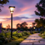 A photograph of capture a photograph of a beautifully designed outdoor solar lamp post illuminating a garden pathway at dusk
