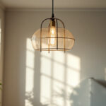 A photograph of a well-lit room featuring a stylish ceiling lamp