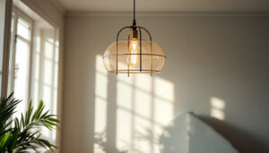A photograph of a well-lit room featuring a stylish ceiling lamp