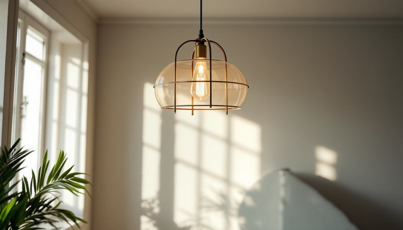 A photograph of a well-lit room featuring a stylish ceiling lamp